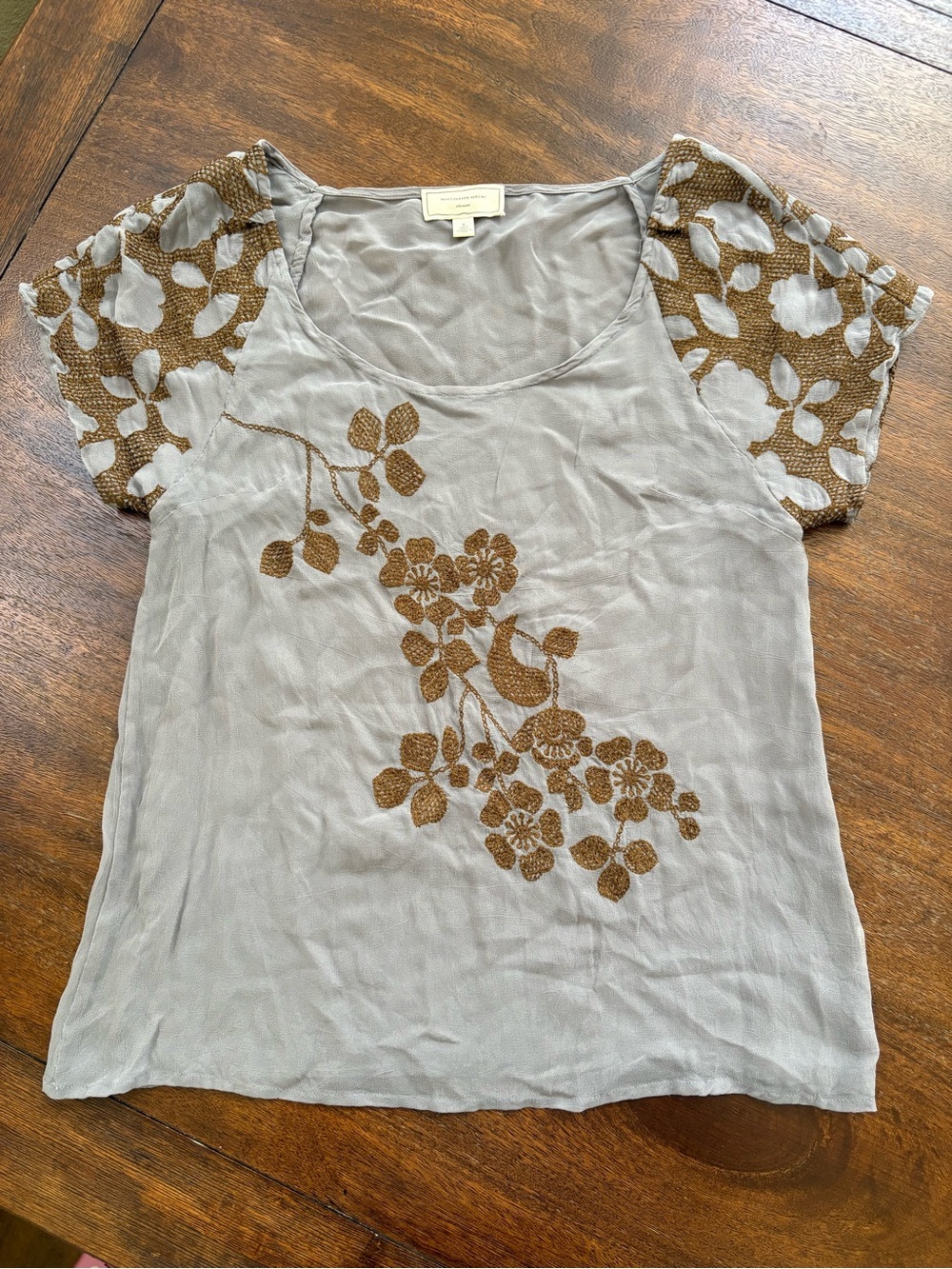 Anthro Moulinette Soeurs Dogwood Gray Floral Embroidered Sheer Top Tee Blouse 6*